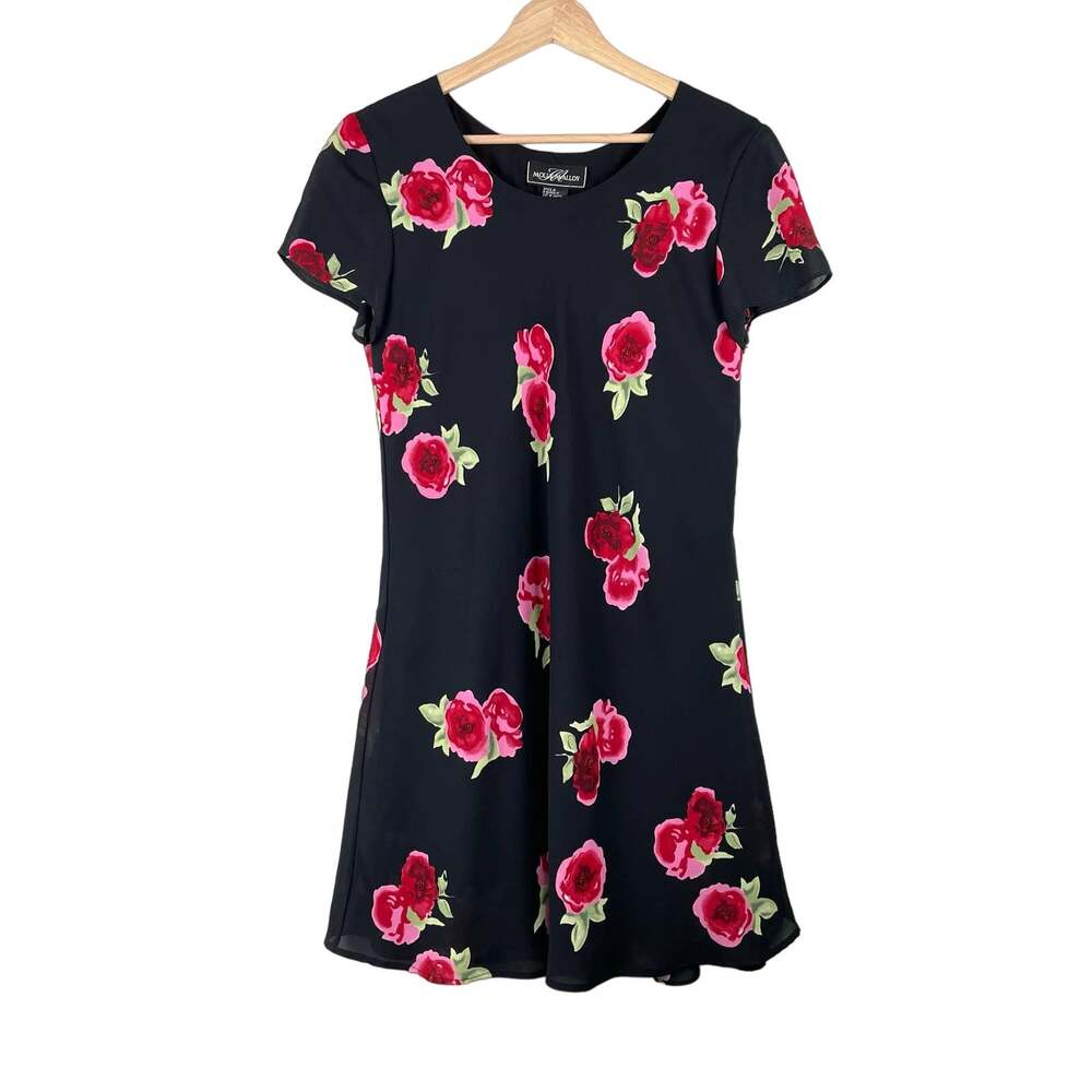 90s VTG Molly Malloy Floral Beaded Mini Dress 6 Black Red Party Cocktail Glam